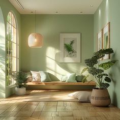 a living room filled with lots of furniture and potted plants on top of wooden floors