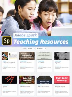 the website for adobe spark teaching resources is displayed with two girls looking at a laptop