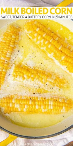 corn on the cob is being cooked in a skillet