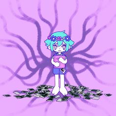 a drawing of a girl with blue hair and glasses standing in front of money bills