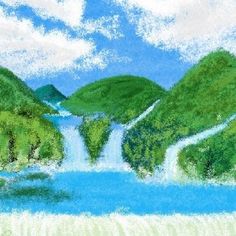 an artistic drawing of a river and trees