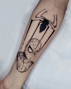 a spider - man tattoo on the arm with a black and white outline in it