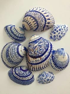 several blue and white seashells on a white surface