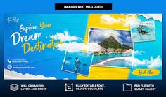 an advertisement for a travel company with photos and text on the front, below it is a collage of images that are not included