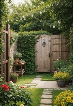 an outdoor garden with flowers, plants and a wooden door in the middle of it