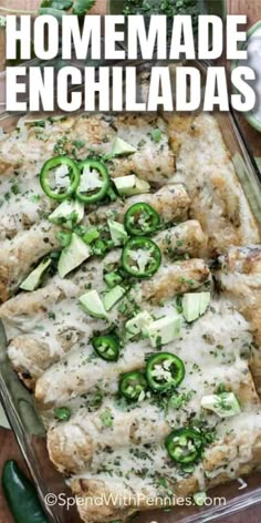 chicken enchiladas in a casserole dish with jalapenos