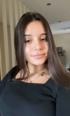 a woman with long brown hair wearing a black shirt and silver necklace, looking at the camera