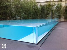 an empty swimming pool in front of some trees and bushes on the side of a building