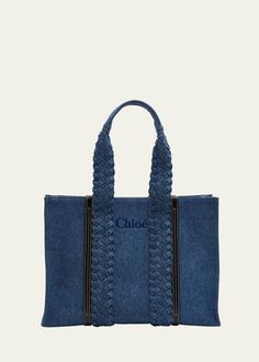 Chloe Woody Large Denim Shopper Tote Bag Chloe Woody Tote, Leather And Denim, Suede Tote Bag, Suede Tote, Denim Tote Bags, Denim Tote, Orange Bag, Braided Strap, Shopper Tote