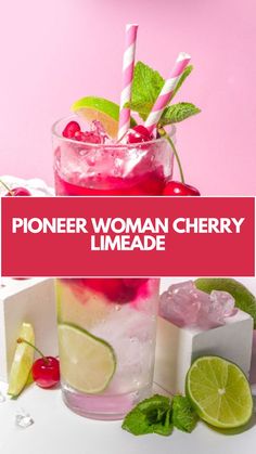 a pink drink with limes and cherries in it, next to some ice cubes