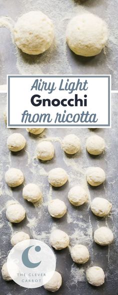 homemade mini light gnocchi from ricotta on a baking sheet with text overlay that reads, tiny light gnocchi from ricotta