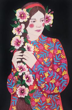 a painting of a woman with flowers in her hair and wearing a red kimono