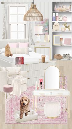 a collage of pink and white decor with a dog sitting on a pillow in front of the bed