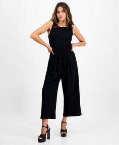 in stock Tie Waist Jumpsuit, Petite Women, Deep Black, Pick Up, In Store, Buy Online, Jumpsuit, Crew Neck, Bar