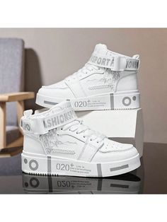 Men's Casual Sports Sneakers For Teenager With Mid Prints,Trendy White Shoes White         Sports & Outdoor Shoes, size features are:Bust: ,Length: ,Sleeve Length: Studs For Men, Comfortable Running Shoes, Casual Athletic Shoes, Mens High Tops, Casual Athletic, Casual Sport Shoes, Nike Air Max 97, Sport Sneakers, Outdoor Shoes