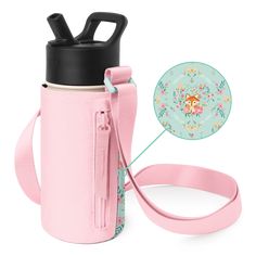 a pink water bottle with a strap around it