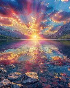 the sun is setting over a mountain lake with rocks in the foreground and clouds in the background