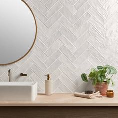 a bathroom with a sink, mirror and potted plant on the counter top in front of it