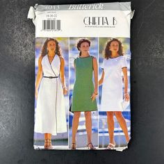 two women's dresses and one woman's dress sewing pattern