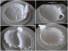 four pictures of white plates with leaves on them