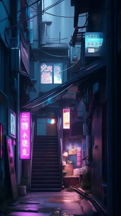 an alleyway at night with neon signs and stairs