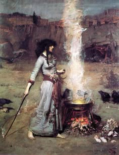 a painting of a woman standing next to a pot with fire coming out of it