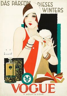 a woman holding a baby in front of a poster advertising vosque perfumes, paris