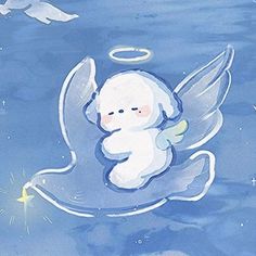 an angel is floating in the water with two white doves flying above it,