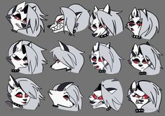 an animation character's head with different expressions and hair styles, including red eyes