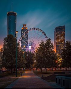 a large ferris wheel sitting in the middle of a park next to tall buildings at night