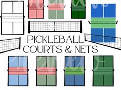 the pickleball courts and nets are shown in different colors, shapes, and sizes