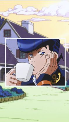 an anime character drinking from a cup in front of a house