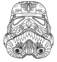 a star wars helmet with intricate designs on the front and side, in black and white