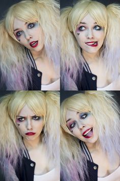 four pictures of a woman with blonde hair and makeup