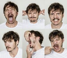 multiple pictures of a man making faces and pulling on his hair with one hand while the other holds his mouth open