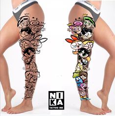 two legs with cartoon characters on them and one leg is covered in black ink, the other