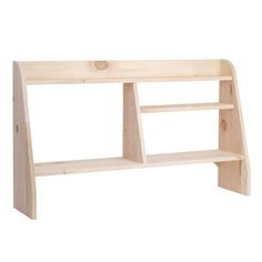 a wooden shelf sitting on top of a white wall next to a book shelf with two shelves below it