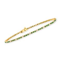 Ross-Simons - 1.00ct t. w. Emerald, .26ct t. w. Diamond Tennis Bracelet Bracelet. 7". May babies will love this slender tennis bracelet, beaming with 1.00 ct. t. w. round emeralds and .26 ct. t. w. round brilliant-cut diamonds in polished 14kt yellow gold. Wear it solo for an elegant touch, or mixed into a stack for a special nod to your birthstone! Push-button clasp, diamond and emerald tennis bracelet. Emerald birthstones are the perfect gift for May birthdays. Emerald Tennis Bracelet, Bracelet Emerald, Gold Tennis Bracelet, Bridal Jewels, Emerald Birthstone, Diamond Tennis Necklace, Diamond Tennis Bracelet, Jewelry Clasps, Natural Gold