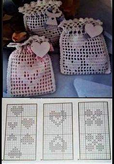 crocheted bags with hearts on them and two pictures of the same bag in each