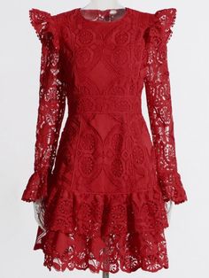 Casual style. Long sleeves. European design. Short dress. Halter neck. Zipper down back closure. Cotton and polyester. Color may be lighter or darker depending of the device it is displayed. Red Lace Dress Outfit, Red Lace Dresses, Red Lace Mini Dress, Dress Halter Neck, Flare Sleeve Dress, Dress Halter, Red Lace Dress, European Design, Wide Pants