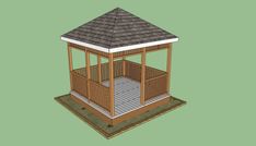 a small wooden gazebo on a green background