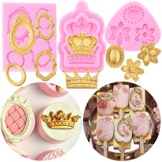 pink and gold princess themed cookie decorating supplies