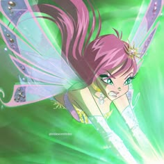 a fairy with pink hair and green eyes