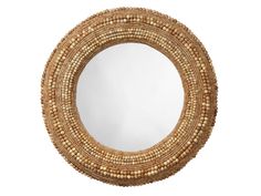 a round mirror that is made out of wood beads