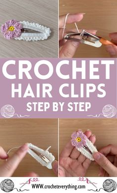 crochet hair clips are shown with the instructions to make them look like they're