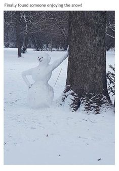 a snowman standing next to a tree in the middle of a snowy field with text that reads, finally found someone enjoying the snow