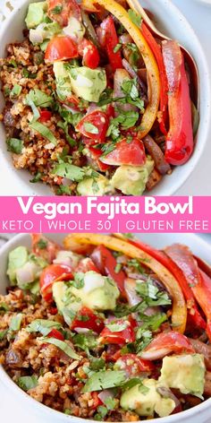 vegan fajita bowl with peppers, avocado and other toppings