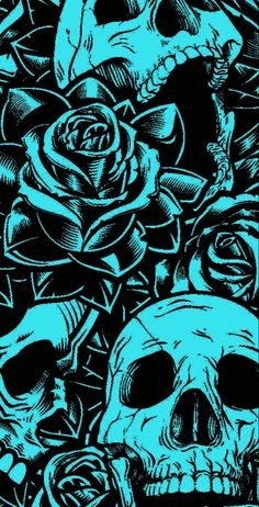 two skulls and roses are shown in blue on a black background with white outlines