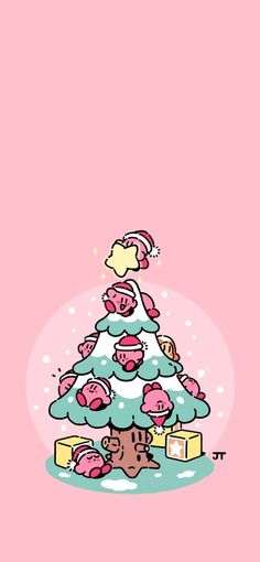 a pink background with a christmas tree and presents