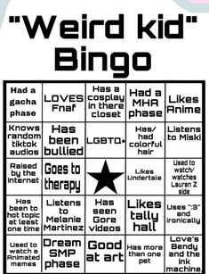 the weird kid's bingo game is shown in this black and white poster with words